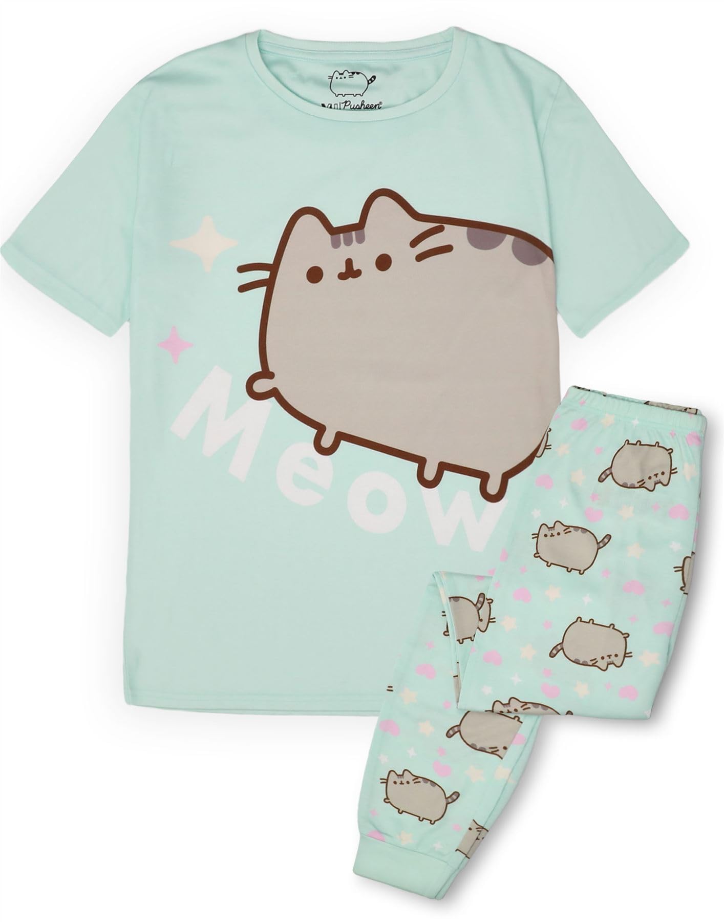 Pusheen Girls Pajama Set | Short Sleeve T-Shirt & All-Over Print Long Pants PJs for Kids