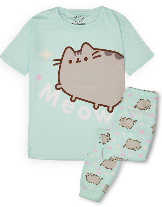 Pusheen Girls Pajama Set | Short Sleeve T-Shirt & All-Over Print Long Pants PJs for Kids