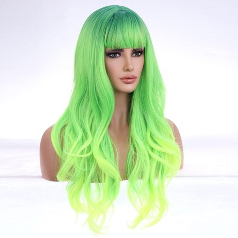 BERON 26 Inches Neon Green Wig Long Wavy Soft Synthetic Wig with Straight Bangs for Women Girls Wig Cap Included