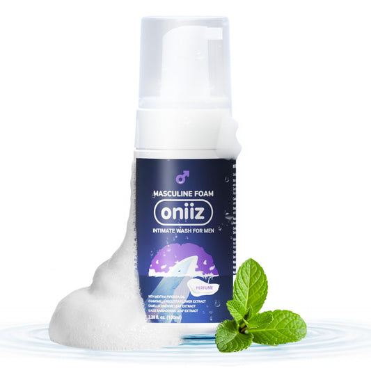 ONIIZ Masculine Foam Men’s Intimate Wash for Odor & Itch Control, pH Balanced Cleanser for Sensitive Skin with Aloe, Chamomile & Green Tea – Perfume (Light Fresh Scent) 3.38 fl oz