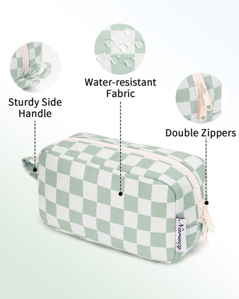 Narwey Small Checkered Makeup Bag for Purse Travel Makeup Pouch Mini Cosmetic Bag Cute Make up Bags Zipper Pouch for Women (Mint Green Checkerboard, Small)