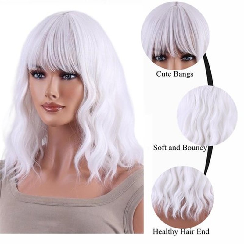AneShe White Wig Short White Wavy Wig Curly Synthetic Hair Wig White Bob Wig with Air Bangs for Women Daily Wear Party Cosplay (14" White)