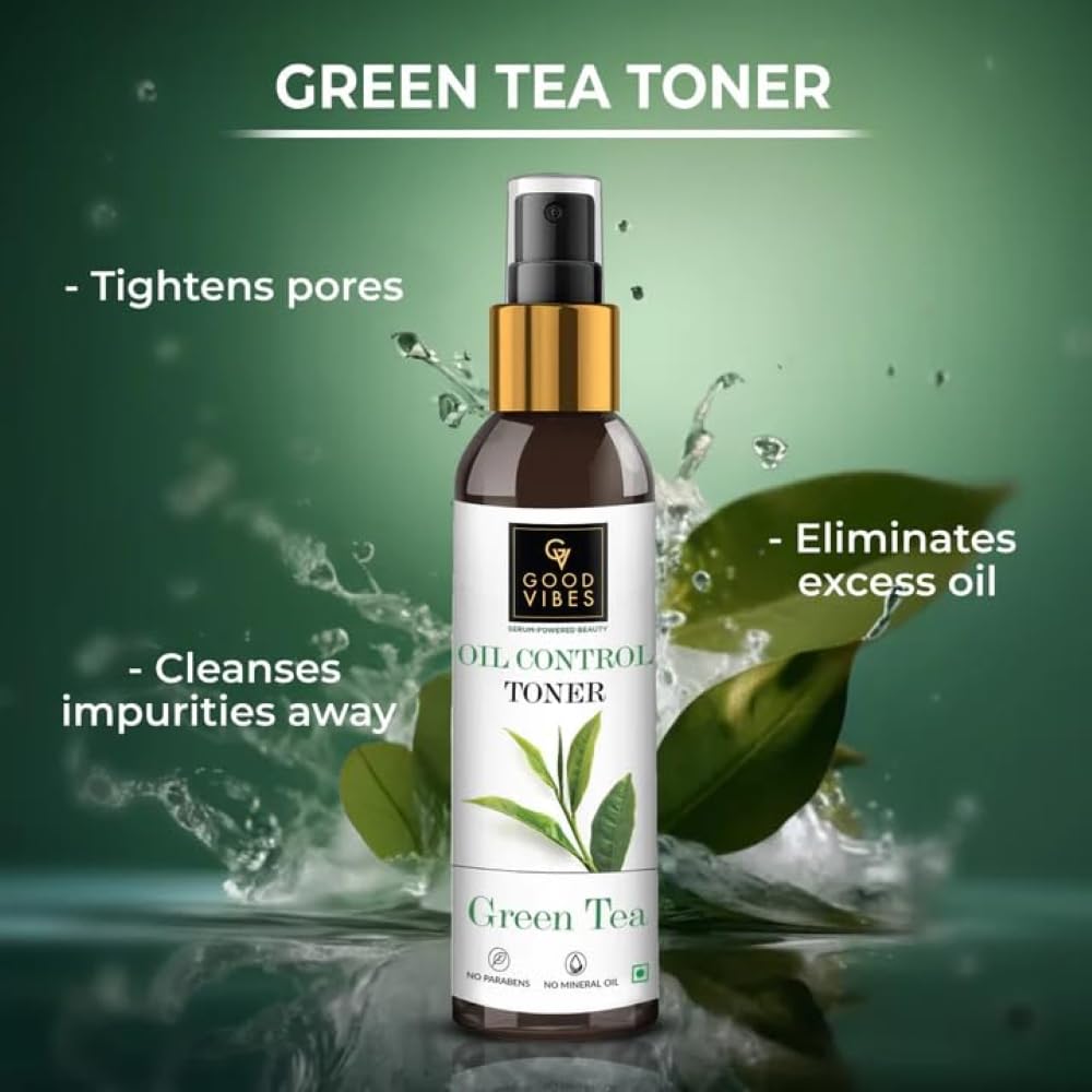 Good Vibes Oil Control Face Toner with Green Tea | Facial Mist Spray for Oily & Acne-Prone Skin | Tightens Pores, Refreshes & Purifies Skin | Alcohol-Free & No Parabens | 4.06 Fl Oz (120ml)