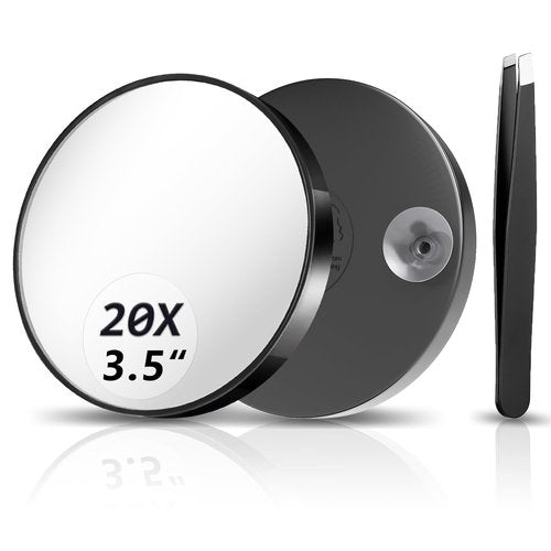 FAHZON 20X Magnifying Mirror, Magnified Mirror 3.5" with Two Suction Cups and Tweezers, Travel Magnifying Mirror Set Comes with Portable Storage Bag, Small Magnifying Mirror for Travel(Black)