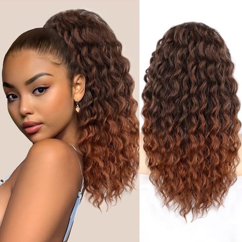 HMD Curly Ponytail Extension Drawstring Ponytail for Women Natural Black Mixed Medium Auburn Curly Clip in Hair Extensions 18 Inch Ponytail Extension Synthetic Hairpiece for Daily Party(1B/30)