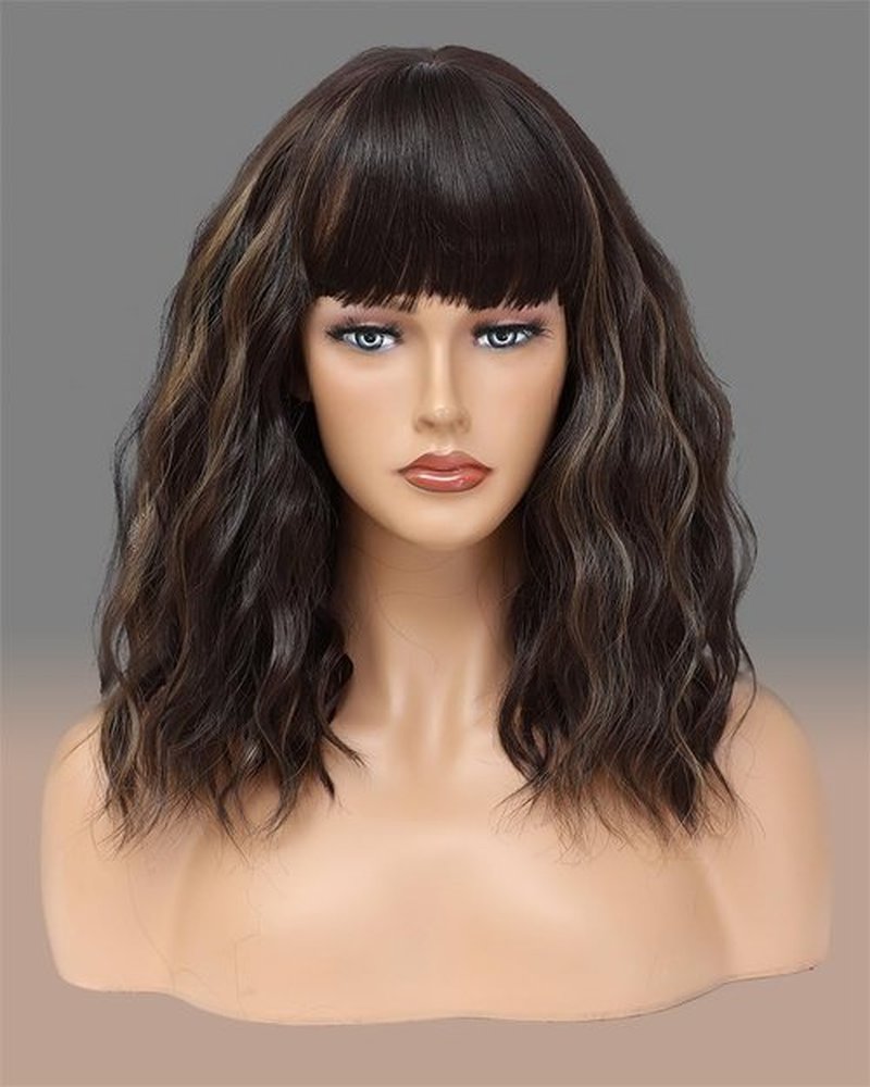 Short Brown Wavy Wigs with Bangs 14Inch Blonde Highlight Curly Bob Wig for Women Shoulder Length Natural Looking Hair Replacement Wig for Daily Party Use Cosplay Costume Halloween Wig