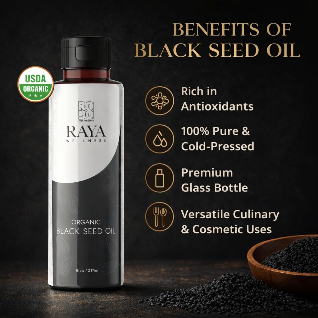 RAYA WELLNESS - USDA Organic Black Seed Oil (Nigella Sativa) - Cold Pressed - Hexane Free - 8 fl oz (237 ml)