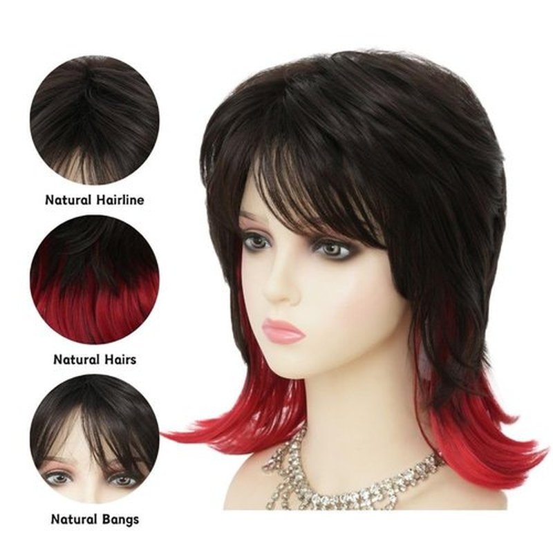 Dai Cloud Black Red Mullet Wig for Women Layered Shaggy Wig with Bangs Synthetic Wigs for Cosplay Daily Party Use