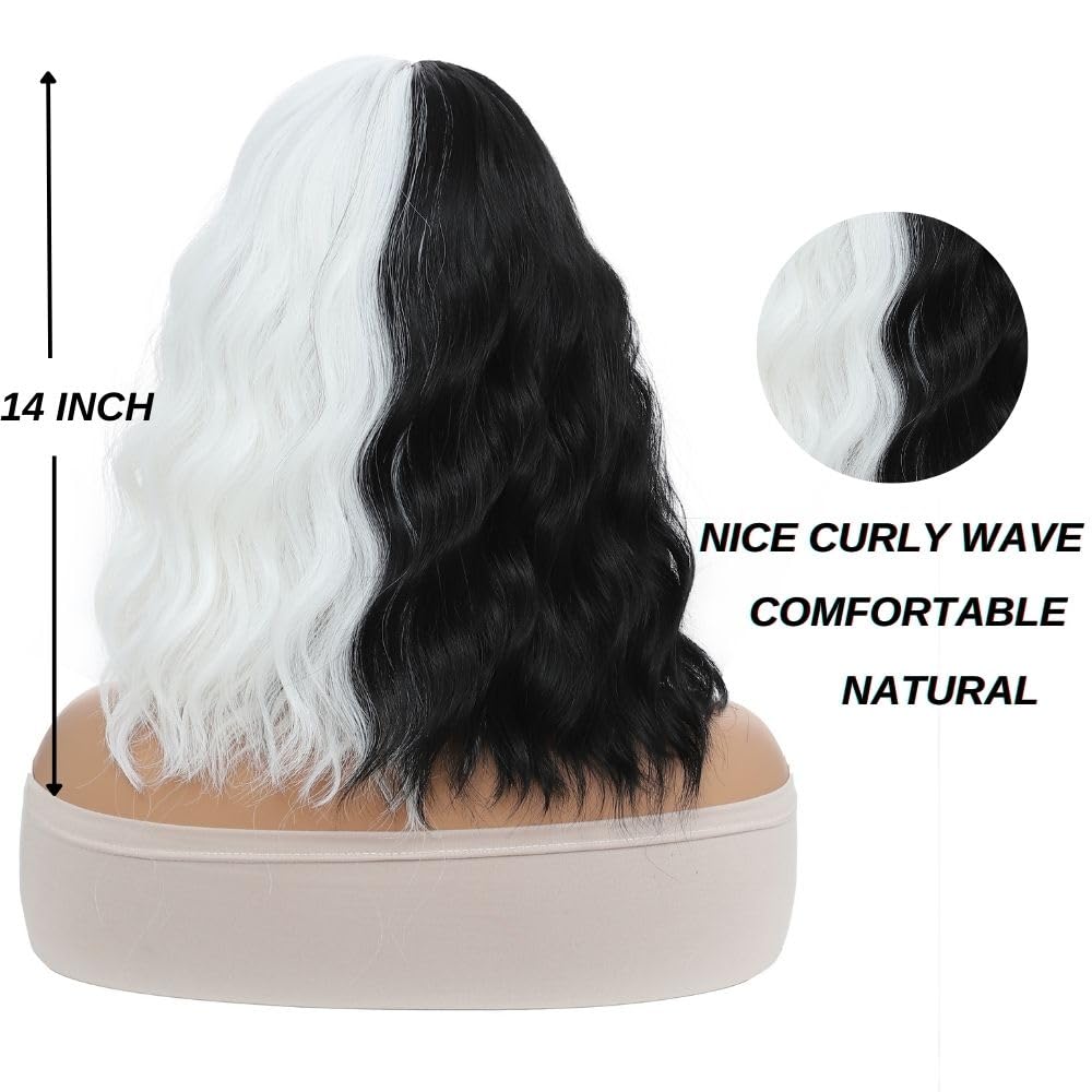 Black and White Wig, Halloween Wigs for Women, Short Bob Wavy Wig with Bangs Loose Curly Shoulder Length Wig Synthetic Cosplay Wig for Girl Colorful Cosplay Wigs Half Black and Half White 14 Inch