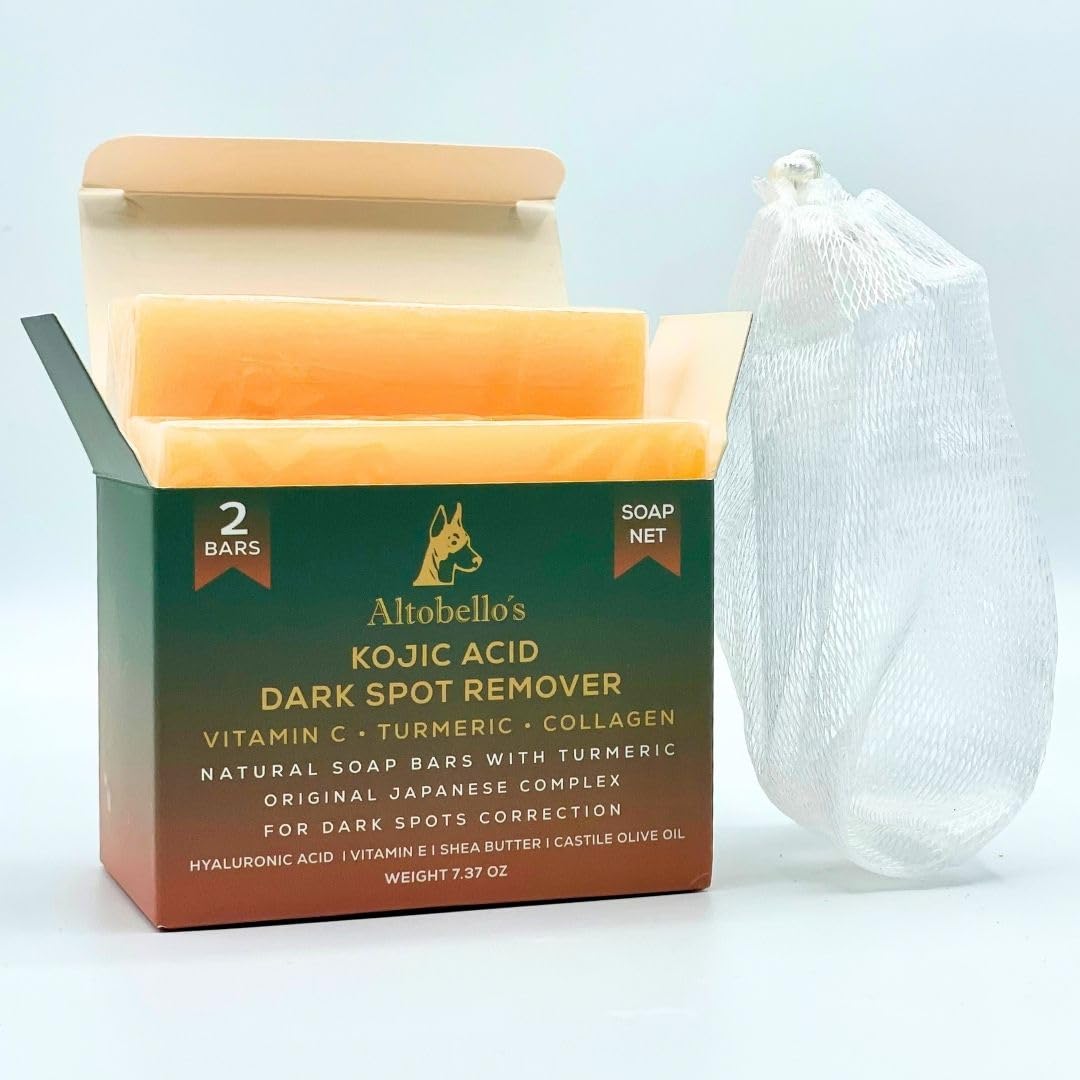Altobello's Turmeric Kojic Acid Soap - Dark Spots Remover for Face & Body, Brightening Skin Lightening Bar with Vitamin C, Collagen, Hyaluronic Acid - 2 Bars + Exfoliating Net.