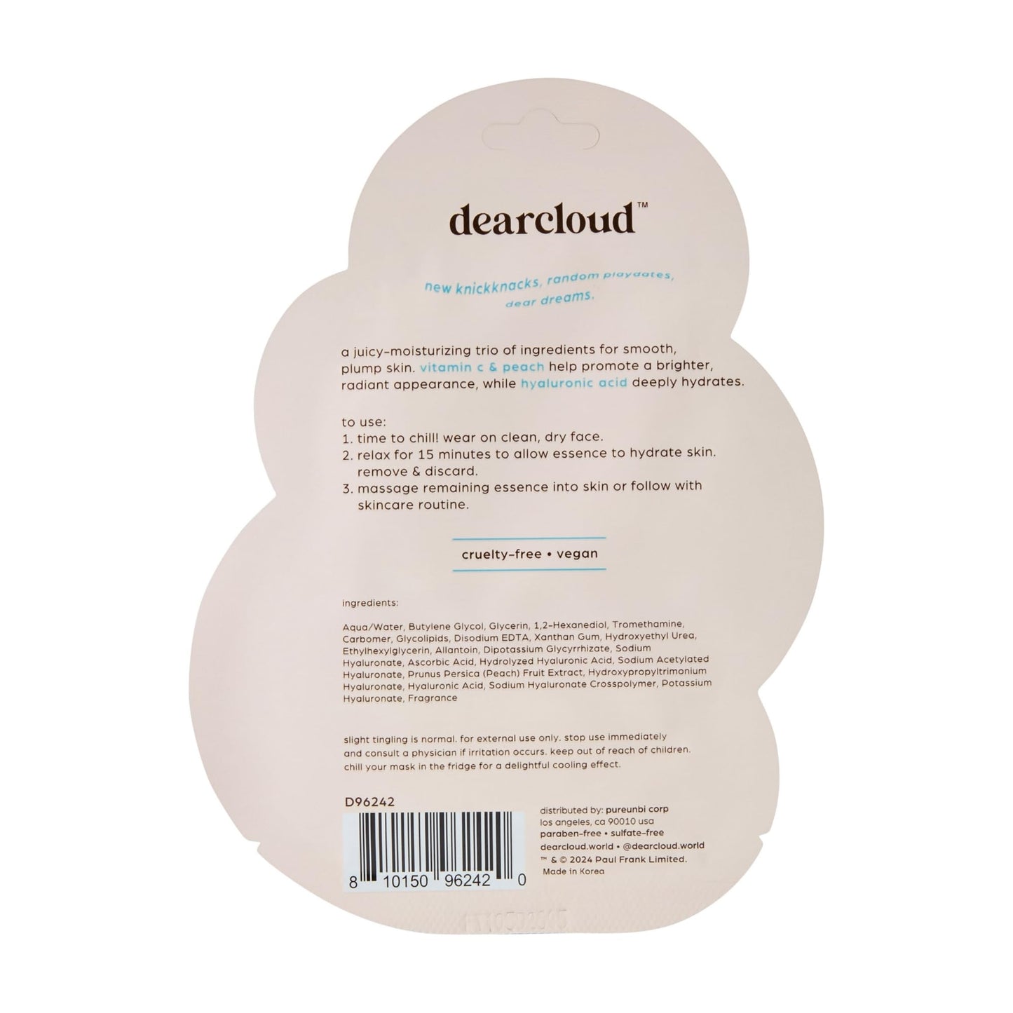 dearcloud Paul Frank Bouncy Bunny Girl Dew Essence Face Mask, Korean Sheet Mask - Tranexamic Acid, Niacinamide & Squalane (3 Count)