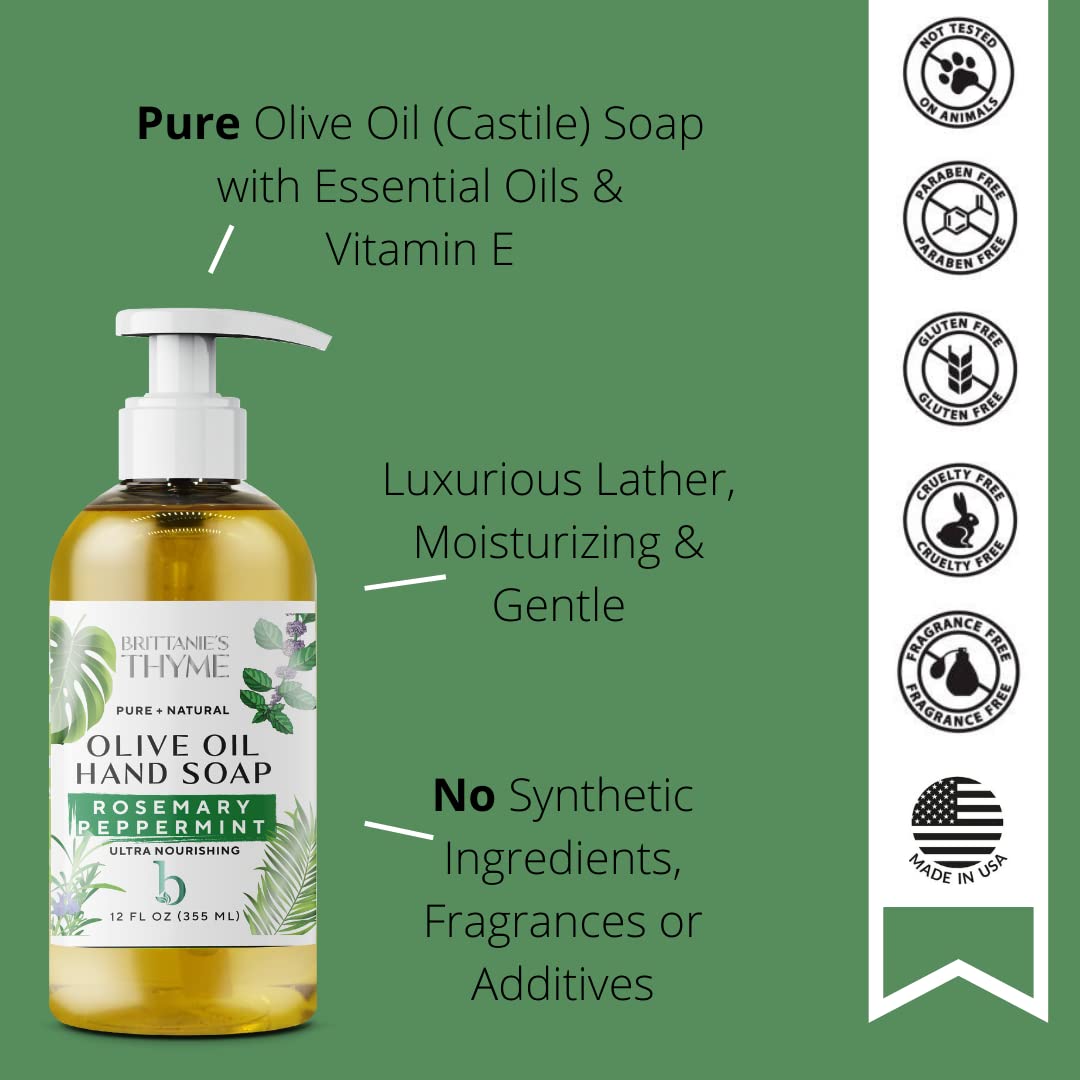 Brittanie’s Pure Castile Liquid Soap Refill, Rosemary/Lavender/Frankincense, 12 Ounce Pack of 3 | Dish Soap, Hair & Body, Home, Gentle and Pure, Made with Natural Luxurious Oils, Vegan & Gluten Free