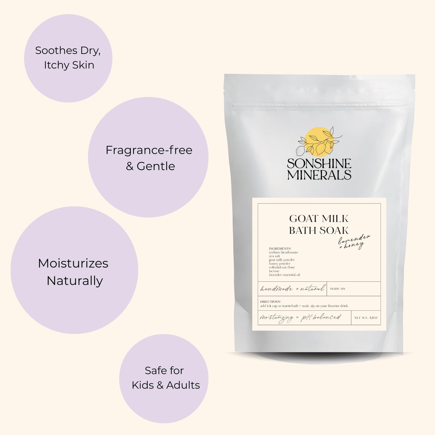 Goat Milk Bath Soak with Colloidal Oatmeal & Honey - Moisturizing Milk Bath for Dry & Sensitive Skin - Natural Bath Soak for Itchy Skin Relief - Sonshine Minerals (12 Ounce)