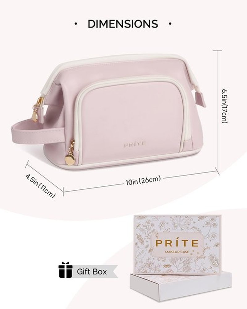 Prite Travel Makeup Bag, PU Leather Waterproof Cosmetic Organizer, Large Wide-open portable Toiletry Bag with Handle(Pink)