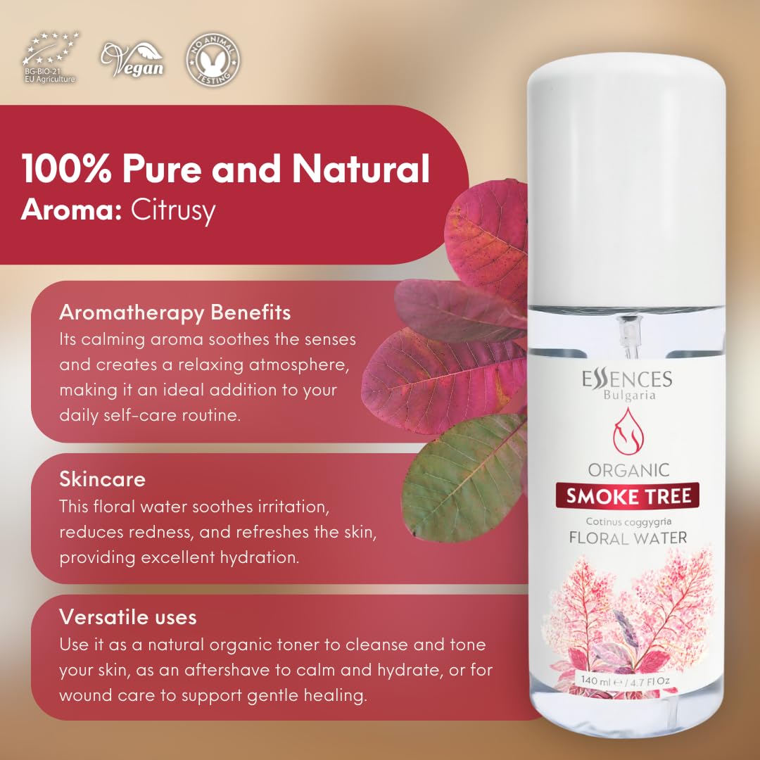 Essences Bulgaria Organic Smoke Tree Floral Water 4.7 Fl Oz | 140ml | 100% Pure and Natural | Spray for Face, Body and Hair | Cleansing and Toning | Alcohol-Free | Excellent Hydrating | Vegan