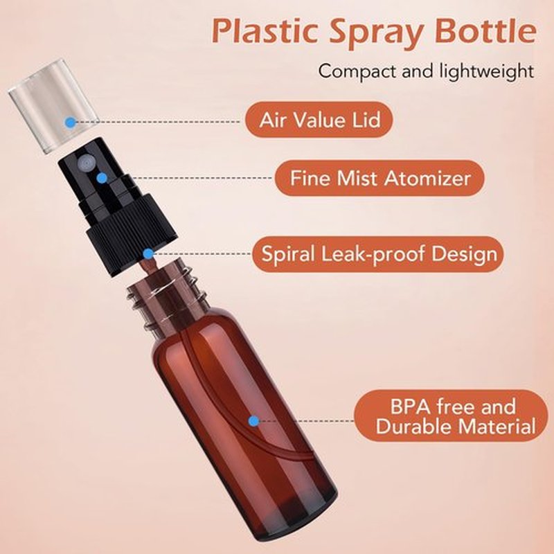 Zoizocp Spray Bottles, 2.7oz/80ml Amber Empty Fine Mist Plastic Mini Travel Bottle Set, Small Refillable Liquid Containers with 2pcs Funnels and 24pcs Labels (6 Pack)