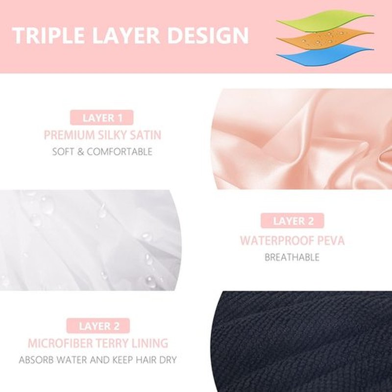 Aquior Shower Cap,Shower Cap for Women Reusable, Triple Layer Waterproof Bath Cap,Silky Satin Outer Layer Terry Lining, Extra Large for Women Long Hair(Champagne)