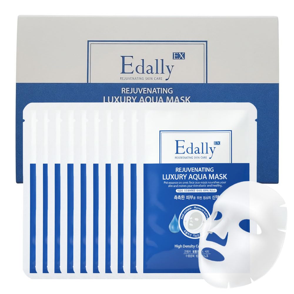 Edally EX Rejuvenating Luxury Aqua Mask - Premium K-Beauty Hyaluronic Acid Facial Sheet Mask for Dry Skin - Deep Hydration, Plumping & Soothing Care - [10 Sheets/Box]