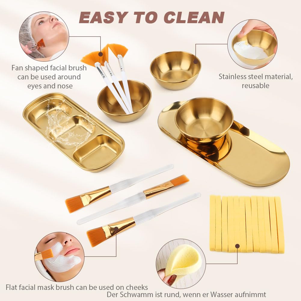 23Pcs Esthetician Supplies for Facials Set, 3 Gold Mixing Bowls Serving Tray 3- Compartment Serving Tray 3- Facial Fan Brushes 3-- Flat Brushes, 12 Facial Sponge Compressed Round