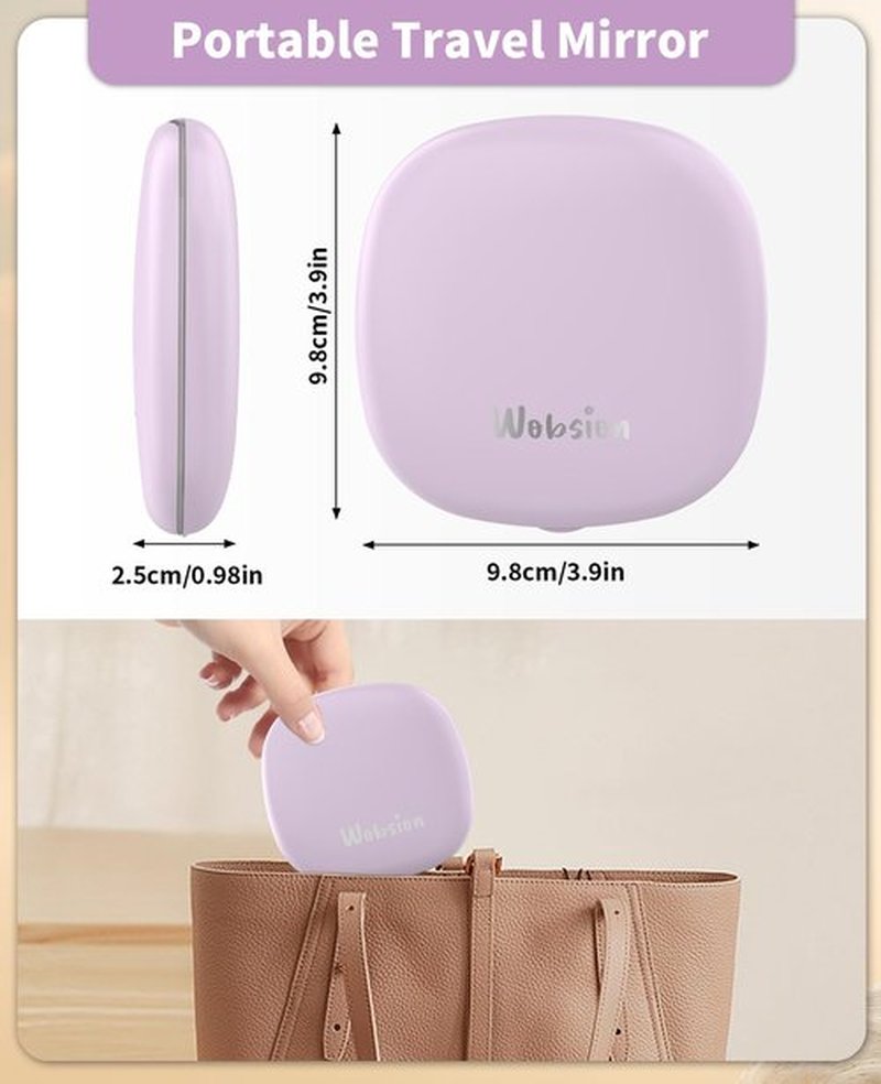 wobsion Travel Mirror with Light, Rechargeable 1x/10x Compact Magnifying Mirror, Dimmable Pocket Mirror,Handheld 2-Side Mirror with Light,4inch Travel Size,Portable for Handbag,Purse,Gift,Purple
