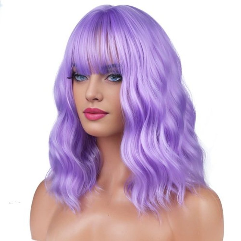 BERON 14 Inches Purple Wig Short Curly Wig Women Girl's Synthetic Wig Lavender Purple Wig with Bangs Wig Cap Included