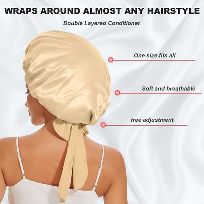 Large Silk Bonnet for Sleeping, Double Layer Satin Bonnets for Women Natural Curly Hair, Silky satin hair Bonnet with Tie Band Hair Wrap Shower Cap
