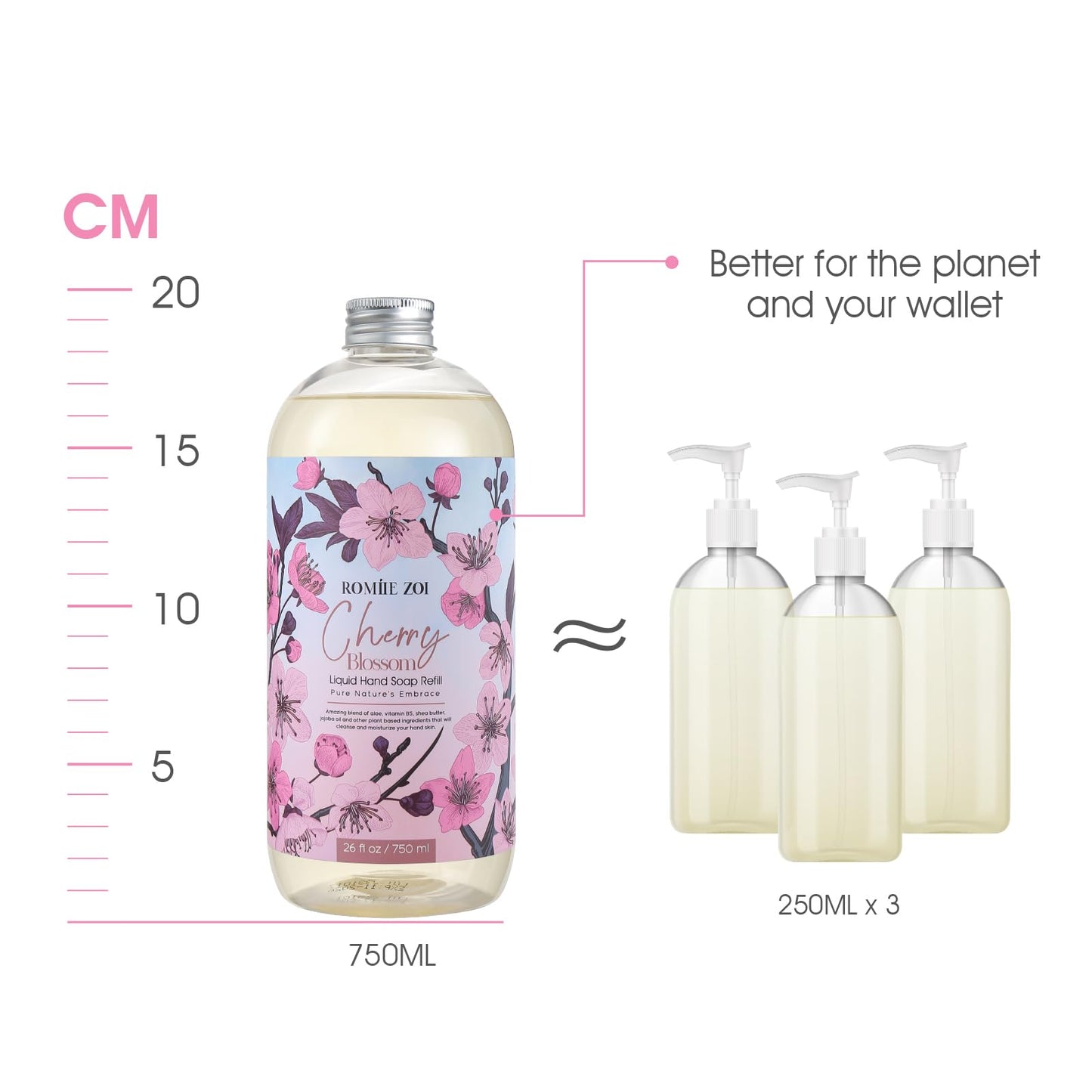 ROMIIE ZOI Liquid Hand Soap Refill, Cherry Blossom, Gentle & Moisturizing Formula, 750 ML/ 26 FL OZ