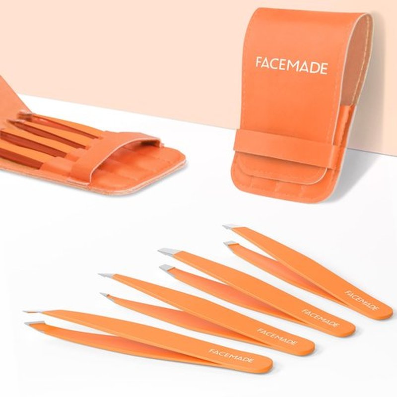 FACEMADE 4 Pack Tweezers Set - Professional Stainless Steel Tweezers for Men and Women, Precision Eyebrow Tweezers for Facial Hair, Chin, and Ingrown Hair Removal (Orange)