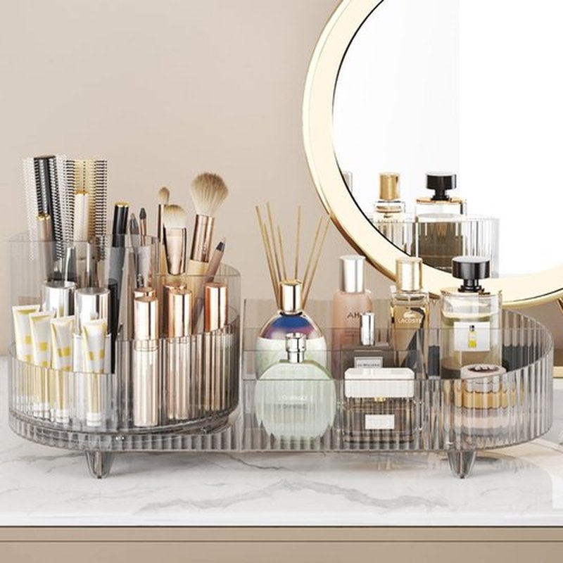 Makeup Organizer Countertop Rotating Makeup Organizer for Vanity Large Capacity Cosmetic Display Case with Makeup Brush Holder Cosmetic Organizer Countertop（Clear）