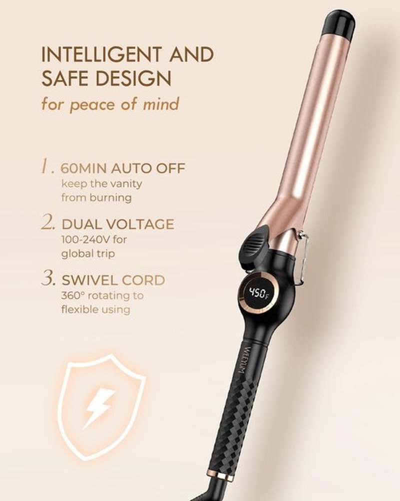 Curling Iron 1 Inch Barrel, Long Barrel Curling Wand for Hair, Ceramic Tourmaline Hair Curling Iron Dual Voltage