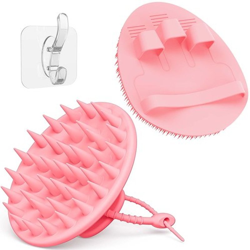 Manmihealth Silicone Hair Scalp Massager & Soft Bath Glove Set 2 PCS, Extra-Large Shampoo Scalp Brush with Body & Face Scrubber for All Hair Skin Types with a Free Silicone Strap&Hook Style 1(Pink*2)
