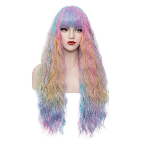 WGPFWIG Women's Multi Color Rainbow Wig 27''Long Curly Wavy Wig Shoulder Length Flat Bangs Wig For Women Girl Cosplay Party Halloween Wig Cap Included (27''Multi Color Rainbow)