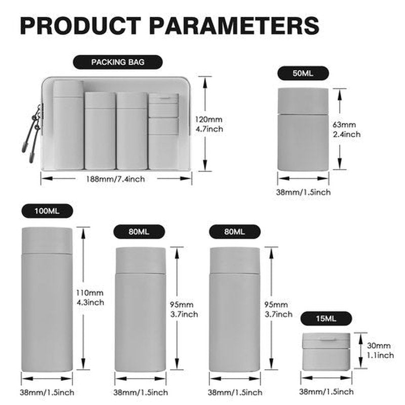 Travel Bottles for Toiletries, 5 Pack Travel Size Containers, TSA Approved Leak Proof Refillable Portable Travel Toiletry Bottles Set with Clear Toiletry Bag for Shampoo Conditioner, Lotion (Grey)