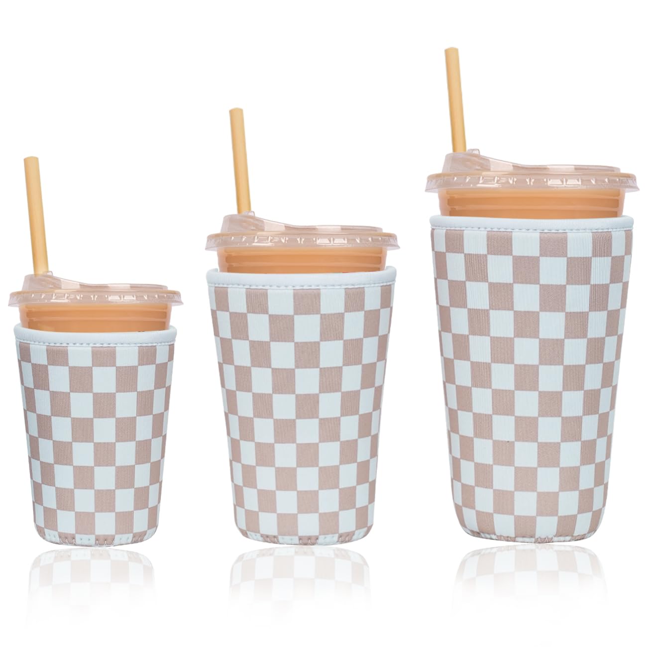 Reusable Insulated Neoprene Iced Coffee Cup Sleeve, Durable Drink Sleeve for Cold Beverages, Beverage Holder for Iced Coffee, Classic Checker