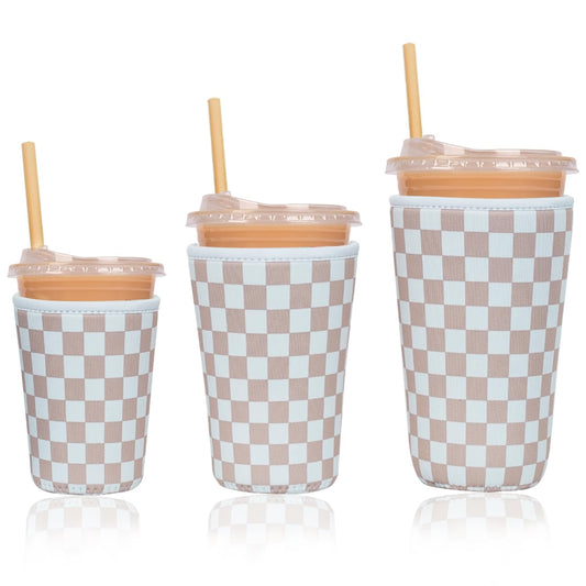 Reusable Insulated Neoprene Iced Coffee Cup Sleeve, Durable Drink Sleeve for Cold Beverages, Beverage Holder for Iced Coffee, Classic Checker