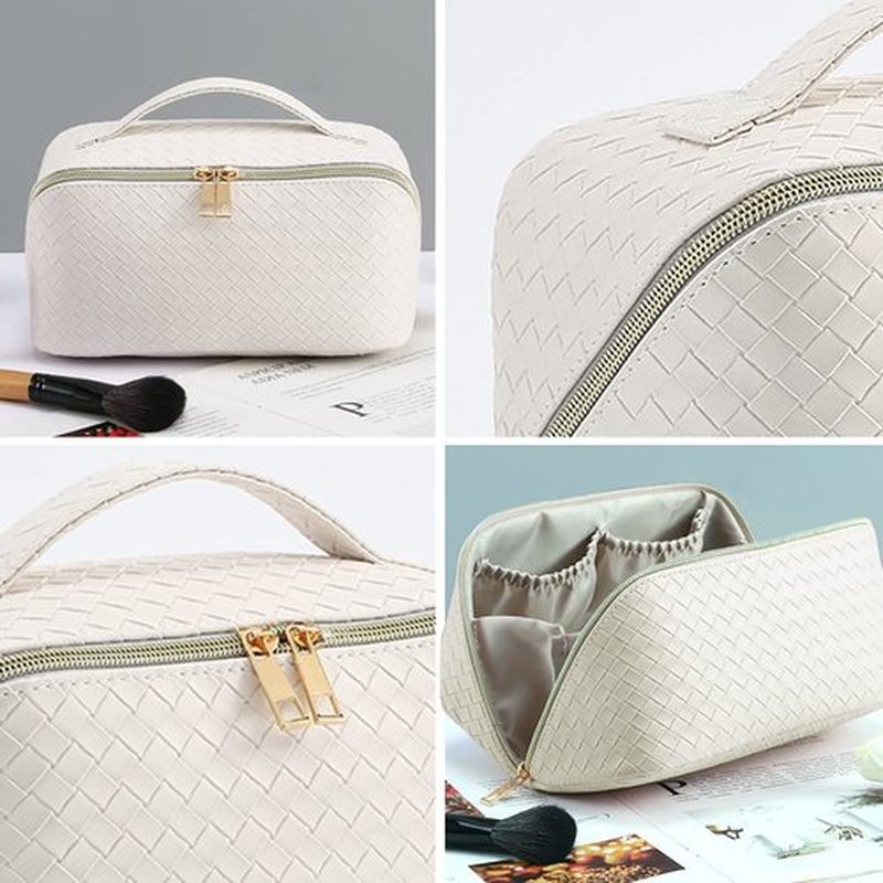 MINGRI Large Capacity Travel Cosmetic Bag for Women,Portable PU Leather Checkered Makeup Bag Water Resistant,Flat Open Multifunctional Storage Toiletry Bag with Divider and Handle (Woven-White)