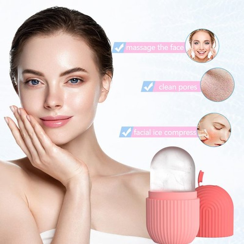 Joyeee Ice Face Roller, Reusable Silicone Mold Face Massage Eye Facial Beauty Skin Care Tools Apply Ice for Shrink Pores Anti Wrinkle Reduce Puffiness Improve Skin Elasticity, Striped, Pink