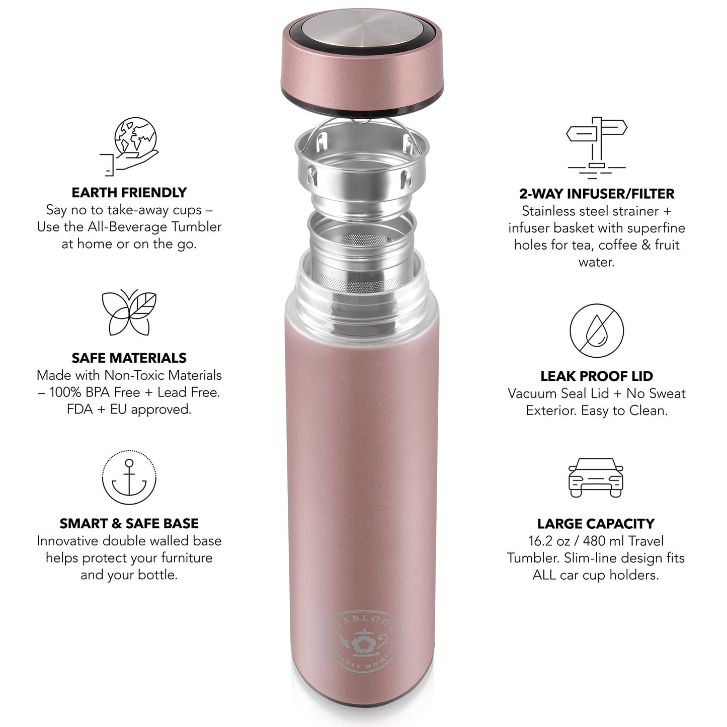 Teabloom - The ORIGINAL All-Brew Travel Tumbler & Thermos | OPRAH’s Favorite | 16oz/480ml Stainless Steel Insulated Water Bottle/Tea Flask/Cold Brew Coffee Mug