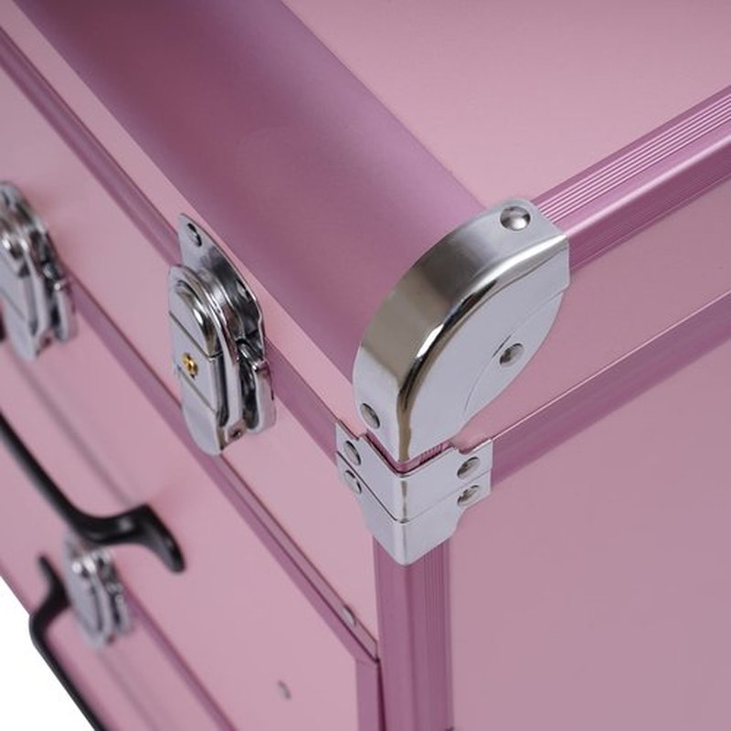 Rolling Makeup Train Case Professional Cosmetic Organizer Trolley with Drawers Compartment Nail Case Wheeled Manicure Pedicure Storage Case for Hair Stylists Makeup Artists (Light Pink & Silver)