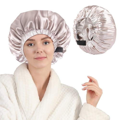 Years calm Silk Bonnet for Sleeping Women, Double Layer Soft Ajustable Elasticity Band Satin Bonnet for Sleeping Hair - Sleep Shower Caps (Silvery, One Size)