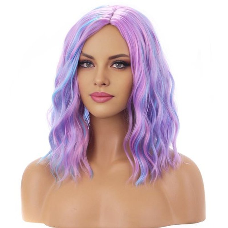BERON 14 Inches Pink Blue Wig Short Curly Bob Wig Charming Women Girls Beach Wave Wigs for Cosplay Costume Party Wig Cap Included