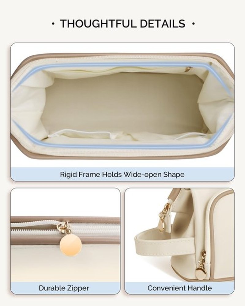 Prite Travel Makeup Bag, PU Leather Waterproof Cosmetic Organizer, Large Wide-open portable Toiletry Bag with Handle(Beige)