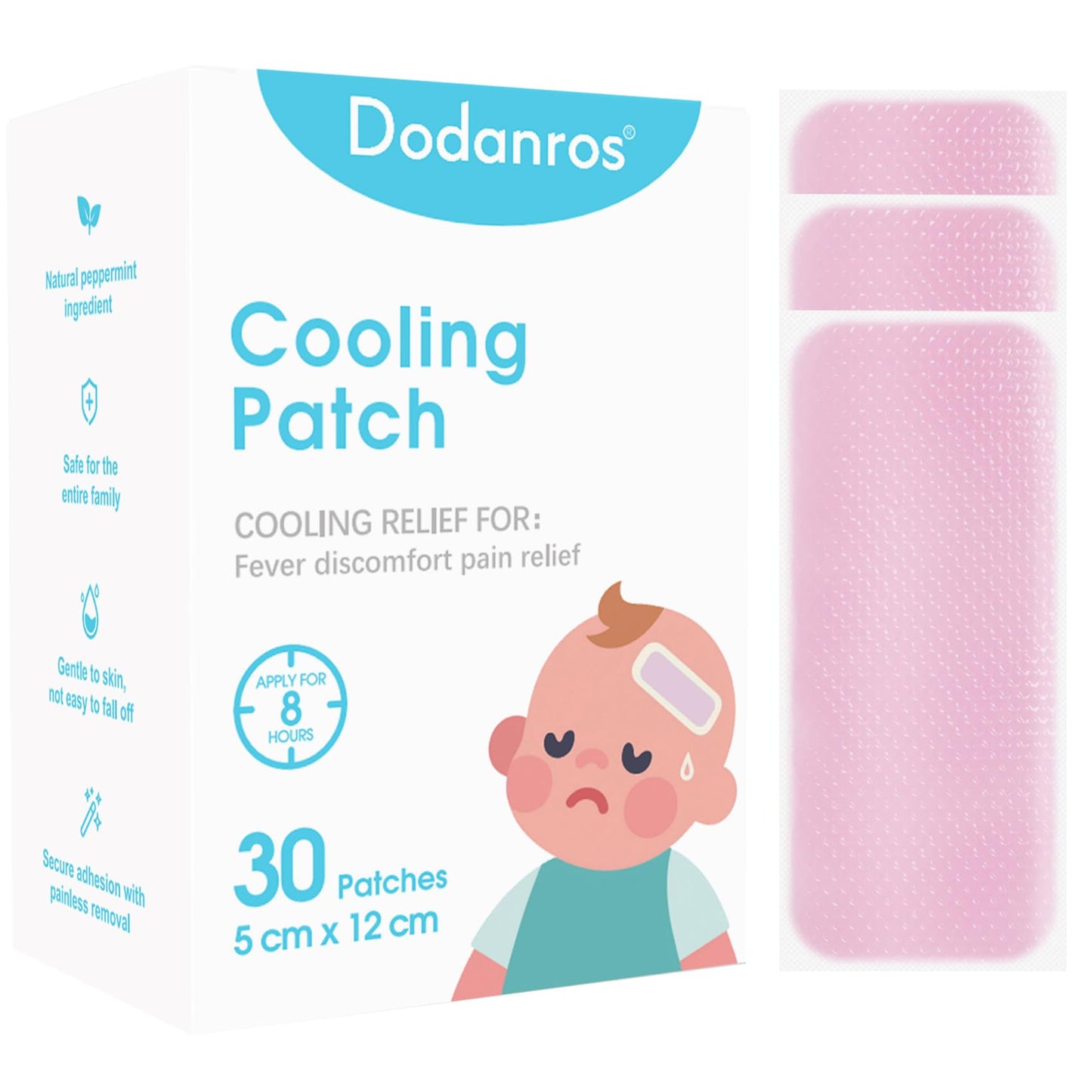 Dodanros 30 Sheets hydrogel Fever Patches for Kids & Adults Fever Discomfort & Pain Relief, Cooling Relief Fever Reducer（12 * 5cm）