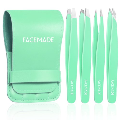 FACEMADE 4 Pack Tweezers Set - Professional Stainless Steel Tweezers for Men and Women, Precision Eyebrow Tweezers for Facial Hair, Chin, and Ingrown Hair Removal (Green)