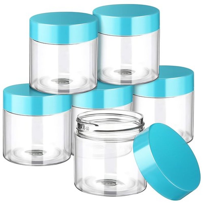 6 Pack Clear Container with Lids Small Plastic Pot Jars Wide Mouth Round Leak Proof Plastic Container Jars with Lid for Travel Storage, Eye Shadow, Nails, Paint, Jewelry (2 oz, Blue)