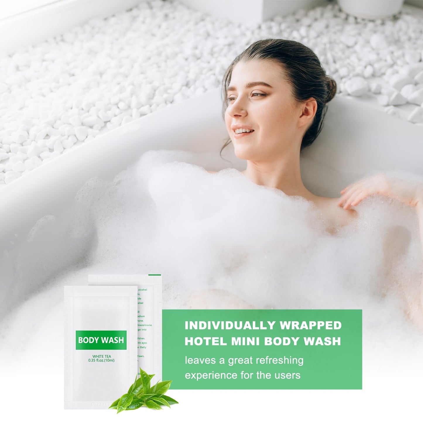 200 pack Travel Size Body Wash Bulk Individually Wrapped - Refreshing Mini Shower Gel Single Use Supplies for Homeless Care Hotel Guests, White Tea Scent,0.35 fl oz/10ml