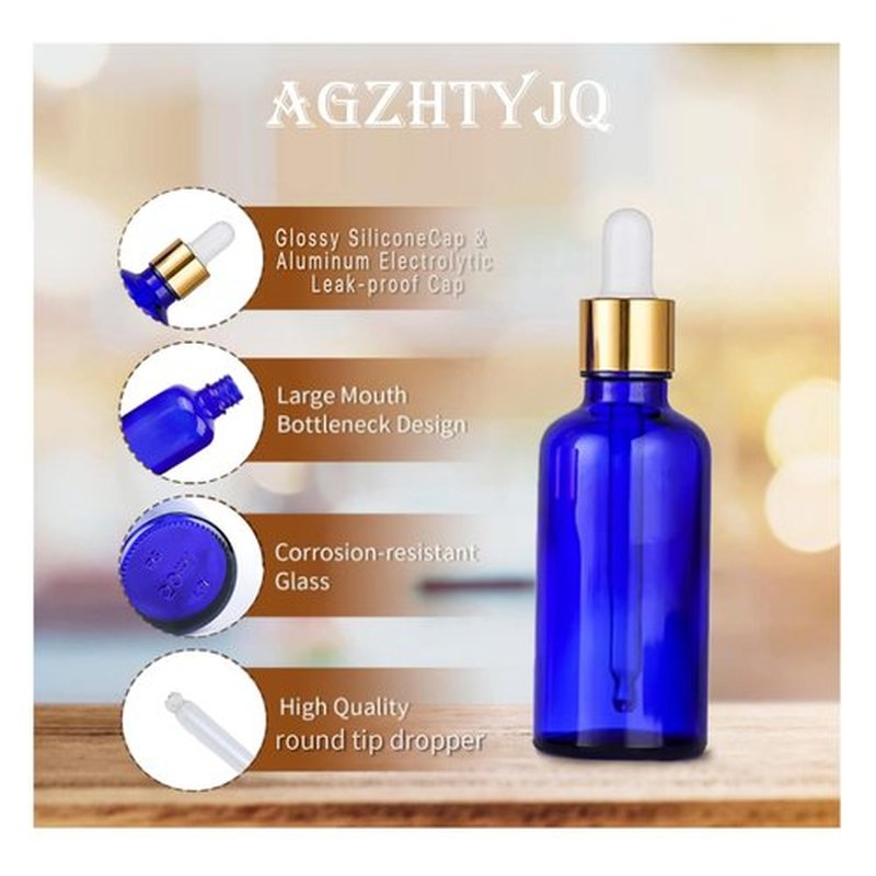 12 Pack 50ml Blue Glass Dropper Bottle, 1.7 oz Tincture Bottle with Droppper with Eye Dropper and Gold Cap, Leak Proof Travel Bottle for Essential Oils/Chemistry Lab Chemicals/Cologne and Perfume