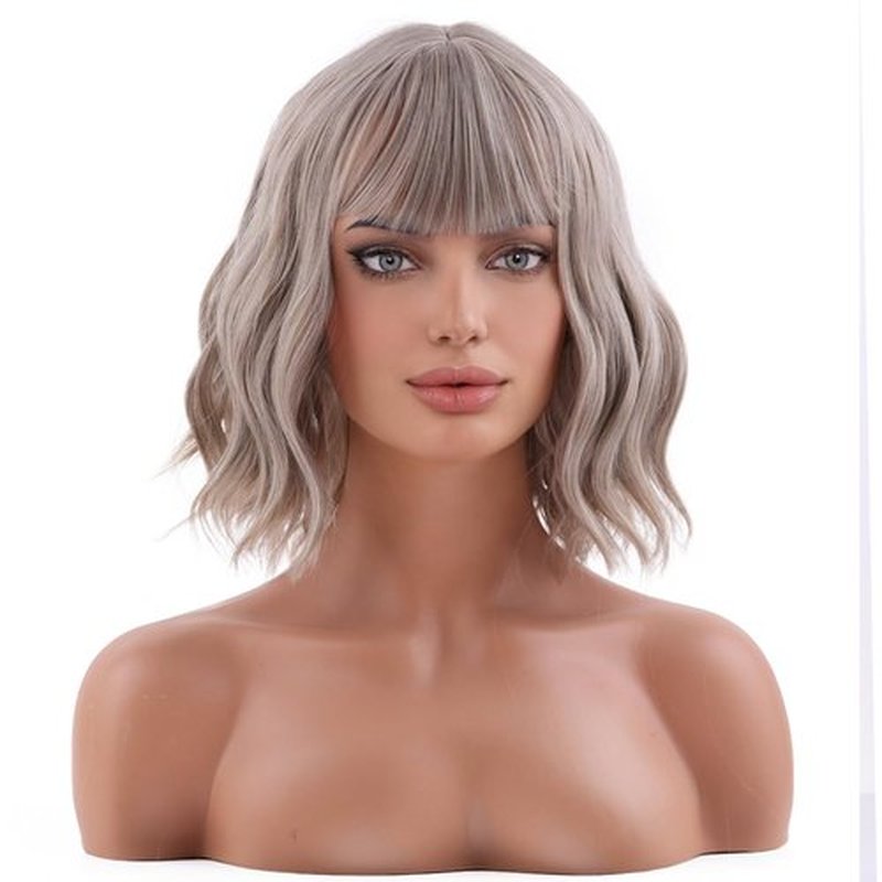 MAGQOO Blonde Wig for Women Short Mixed Blonde Wig Ash Blonde Bob Wig with Bangs Shoulder Length Loose Wave Wig for Girls Synthetic Cosplay Wig