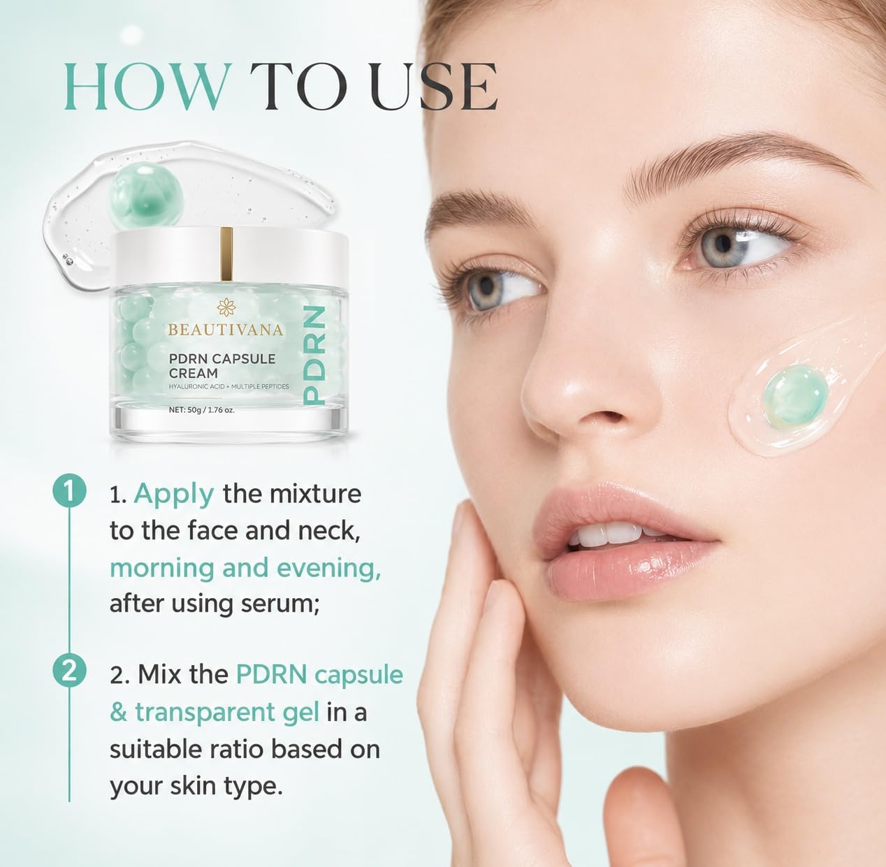 BEAUTIVANA PDRN Capsule Cream with Hyaluronic Acid and Multiple Peptides, Anti-Aging Face Moisturizer for Firming and Wrinkle Reduction, Korean Skin Care, 1.76 oz