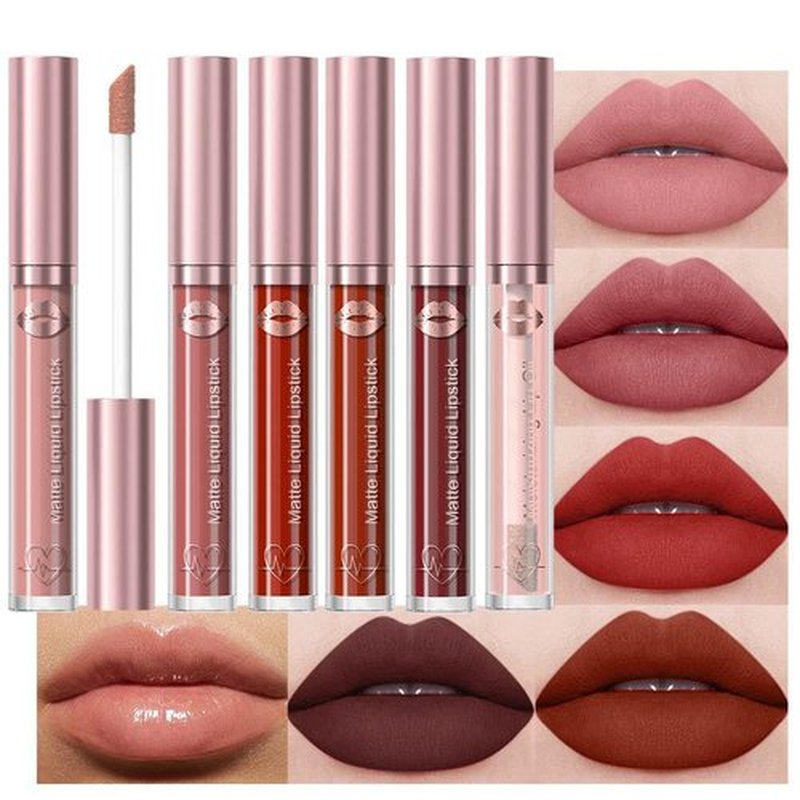 JUAAZIN 5Pcs Matte Liquid Lip Sticks+1Pcs Liquid Lip Oil Set, Dusty Pink Rose Vale Dark Red Brown Rose Purple Dark Sienna Lipstick Set, Rich Colors Long-Lasting Wear Not Fade Waterproof Lip Gloss(set4